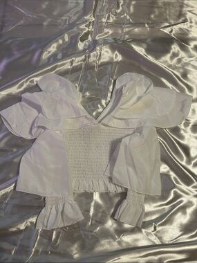 SHEIN White Ruffled Off-Shoulder Smocked Crop Top
